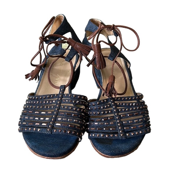Stuart Weitzman Skippity Antique Denim Strappy Tassel Wrap Sandals 7.5 - Picture 8 of 16